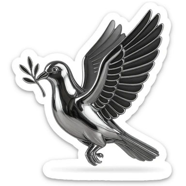 reflective chrome silhouette of a pigeon flying in profile, carrying a branch in its beak sticker