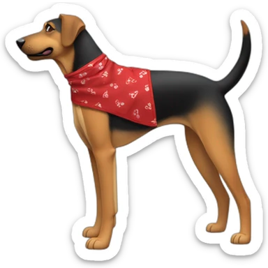 75% Coonhound 25% German Shepherd mix dog wearing small plain red bandana side view full body left facing sticker