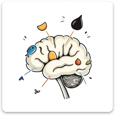 A crystalline brain with pieces of blue fish, egg yolk and fermented soy floating in a spiral around it. Thin light beams connect these foods to bright points on the brain, dissipating mental fog and creating clarity. sticker