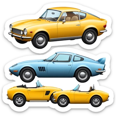 Collage emoji symbolizing a passion for cars: a sleek sports car, a vintage classic car, and an off-road SUV. The background features a cozy garage with tools, car posters, and warm lighting, emphasizing a home hobby atmosphere. Transparent background. sticker