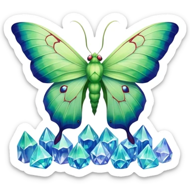 luna moth sitting on crystals sticker