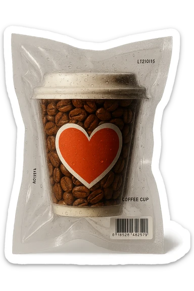 Add coffee beans inside the vacuum-sealed coffee cup with a heart design, keep the vacuum-sealed style, transparent background. sticker