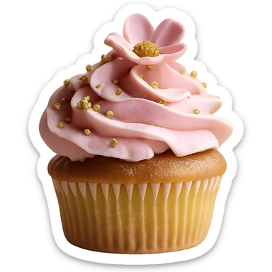 Remove the background, keep only the realistic cupcake with pink icing and accessories, preserve photorealistic style, transparent background. sticker