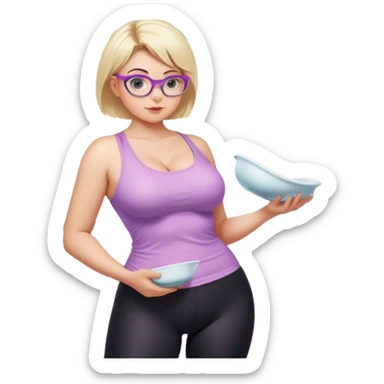 Seductive, Curvy fair skinned woman, short blond hair, small light purple reading glasses, washing dishes, SFW sheer pink tank top, without undergarments SFW, black yoga pants, thick booty sticker