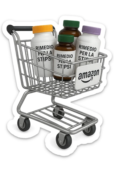 emoji stile iphone di un carrello per la spesa con l'icona di amazon stampata sopra, dentro al carretto ci sono varie boccette di integratori con la scritta "RIMEDIO PER LA STIPSI", iperrealistico 4k sticker