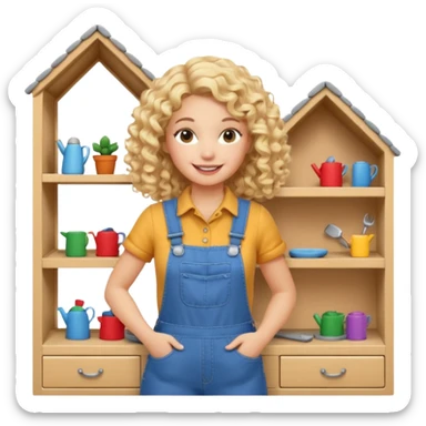 smiling blonde curly woman arranging furniture in doll house with overalls sticker