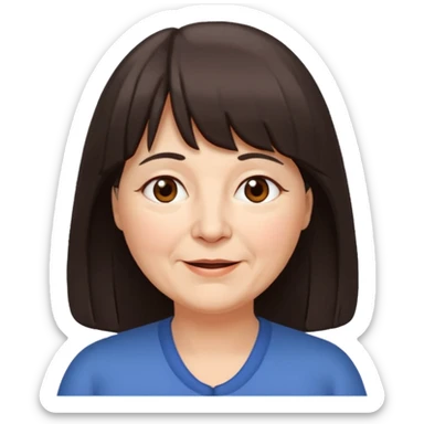 60 yr old woman, long hair to waist, very small brown eyes, long hair, straight dark brown hair, bangs, chubby, long face, very tired but happy sticker