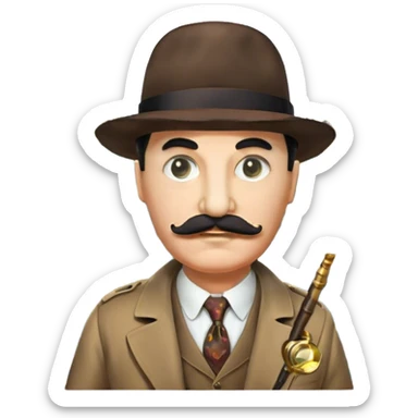 A colorful collage featuring Detective Poirot Detective Poirot with a long curling moustache, with a magnifying glass, revolver and a mysterious city backdrop. Include a board with photos of suspects, fingerprints, and a crime scene. Retro movie poster style. Transparent background. sticker