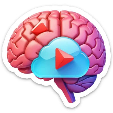 3D icon design, brain with YouTube play button symbol integrated into brain structure, glassmorphism style, soft shadows, gradient colors, modern app icon aesthetic, isometric view sticker