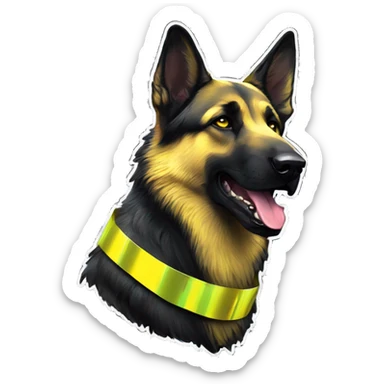 .Zombie_ Vaporwave black holographic oilslick zombie yellow German shepherd dog yellow caution tape graffiti neon yellow stripes sticker