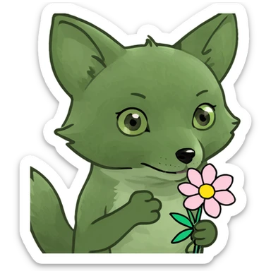 baby fox holding a tiny flower in bufo frog meme style sticker