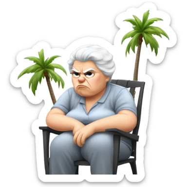 An angry old looking , short fat white lady with grey  hair , sitting outside next to palm trees , on a grey small plastic chair, smoking a cigarette  sticker