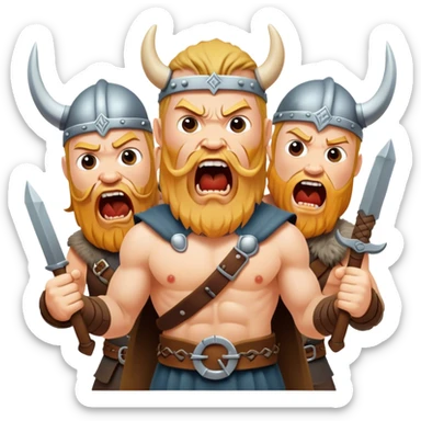three different Vikings scream, weapons in their hands, realistic sticker
