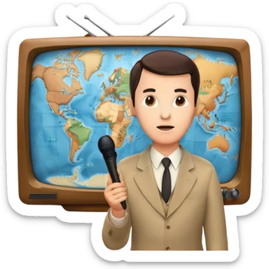 Icon for Documentary Film (TV style): A large vintage TV screen with a serious-looking host standing in front of a map. The host holds a microphone, and the map displays historical or geographical information. Retro TV broadcast style. Transparent background. sticker
