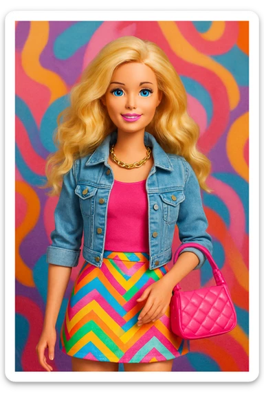 Barbie with wavy blonde hair, trendy outfit, holding a purse, friendly expression sticker