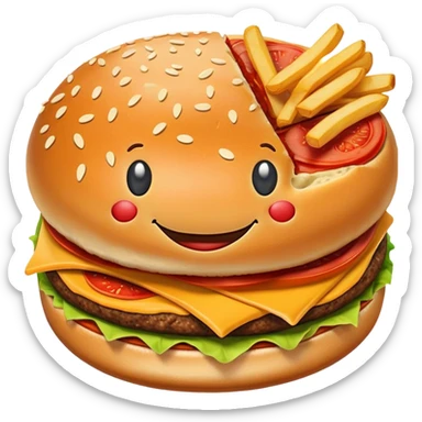 A happy smiling burger next to a pizza slice and french fries sticker