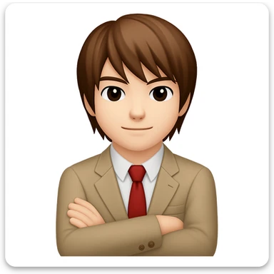 Create an image of Light Yagami from Death Note in the style of apple emojis. He has brown hair and is wearing a school uniform. He is standing with arms crossed and has a confident expression. sticker