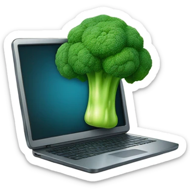 Generate a creative broccoli emoji sitting in front of a computer with a stylus, designing something on a screen. sticker