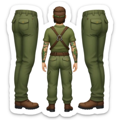 full body ranger style man, medium beard, from behind, low waist forest trousers, vine tattoos across back sticker