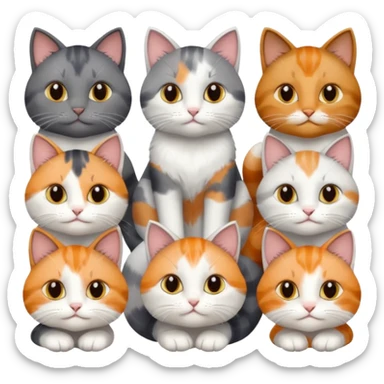 6 realistic looking cats with different natural coloured coats, assorted grey and white, greys, calico, brown and white colours etc
 sticker