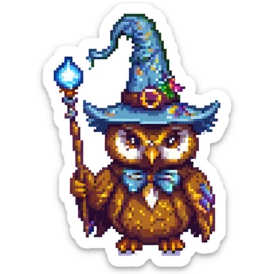 pixel art owl with a wizard hat and magic wand sticker