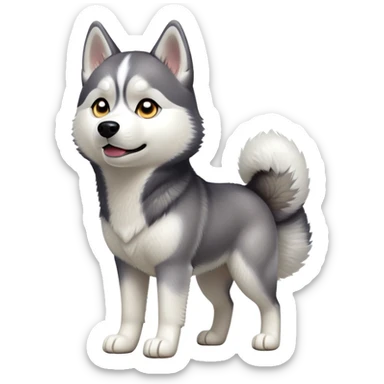 cinematic-[siberian husky]-realistic-full-body-standing-emoji,-tail-resting-loosely-beside-its-paws,-head-tilted-dramatically, -fluffy-[grey and white]-fur,-simplified-yet-realistic-focused-features,-highly-detailed,-glowing-with-an-almost-sarcastic-glow sticker