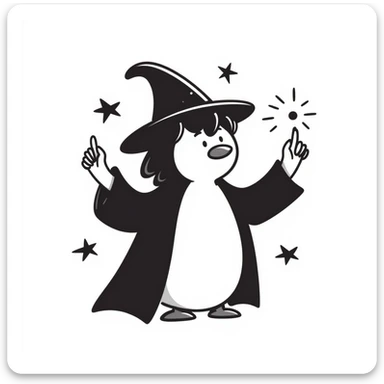 hand-drawn doodle of a penguin wizard casting a spell sticker
