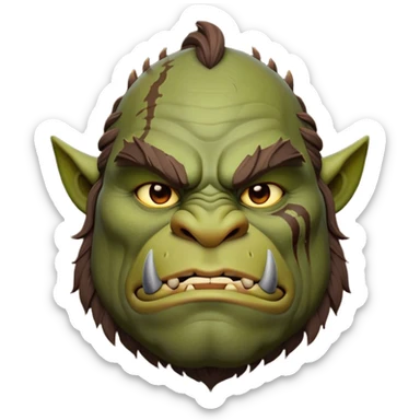 Cinematic Noble Ogre Portrait Emoji, Majestic and imposing, with a rugged, muscular form in deep earthy greens and browns, adorned with battle scars and subtle tribal markings, exuding calm, noble strength and unexpected wisdom, simplified yet strikingly detailed, glowing with a shadowy outline that captures the essence of a gentle giant with fierce heart! sticker