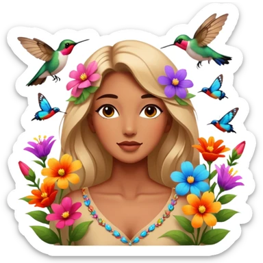 La la mañana se alegra entre flores y praderas ve avanzar mariposa bella y majestuosa entre colibrís sticker