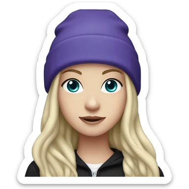 White girl, blue eyes, long teal hair, purple beanie hat, black hoodie, blue jeans, black shoes sticker