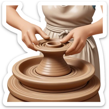 Cinematic Realistic image of a ceramic pottery wheel in action, with skilled hands shaping wet clay into a graceful form, featuring intricate details of swirling textures and gentle water splashes, illuminated by soft, artisanal lighting sticker