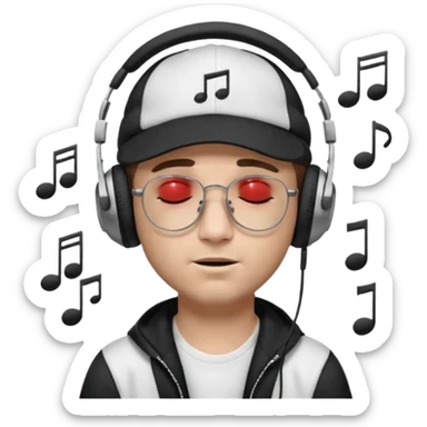 dj man white with baseball cap - rayban glasses - brown hair - closed eyes with headphones on with musical note over head (listening to music ) - eyes closed no glasses - black hat  musical notes floating around head sticker