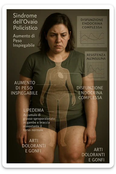 cinematic realistic Woman with PCOS struggling with hormonal chaos, transparent overlay showing elevated androgens and insulin resistance affecting her body, lipedema causing disproportionate fat accumulation in legs and arms despite normal torso, expression of frustration with unexplained weight gain, medical charts showing complex endocrine dysfunction, painful swollen limbs contrasting with metabolic confusion scrivi i testi in italiano sticker