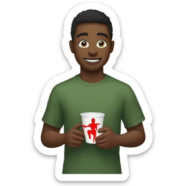 young man with cup outdoors with Spider Man suit sticker