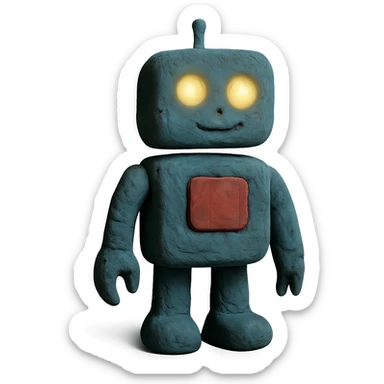 claymation style AI robot with friendly face, glowing eyes, slightly spooky sticker