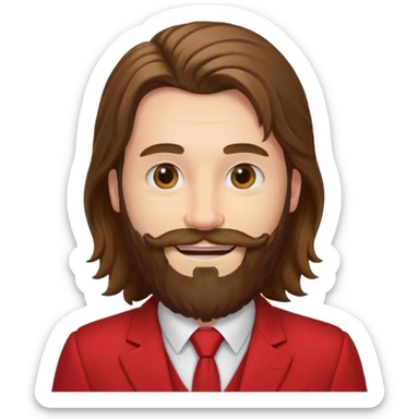 long haired bearded man with red suit sticker