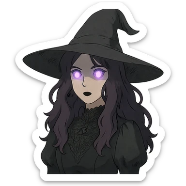 gothic woman with purple hair, witchy touch, wearing a witch hat and glowing eyes, ghibli style sticker