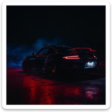 Cinematic still of a porsche 911, night photo, red lights and blue bright night  sticker