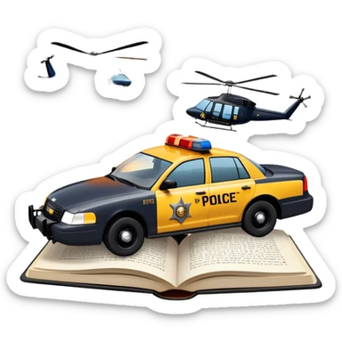 Icon for Action & Crime Reading: an open book with text, from which a police car is driving out along the pages, with explosions behind, a helicopter flying overhead, and a pistol with ammo and grenades in front. Transparent background. sticker