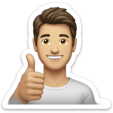 guy with brown hair, medium length hair, in his 20s, asian, smiling, t-shirt, thumbs up sticker