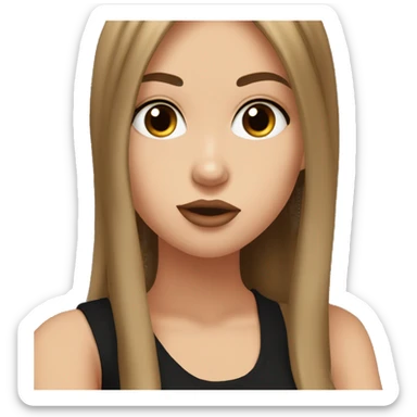 a white girl with brown straight hair and brown eyes with a black tank top doing a kiss face sticker