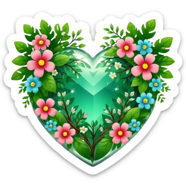 crystal heart with forest inside and floral decoration around sticker