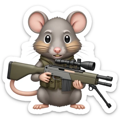a crazed rat holding a sniper rifle sticker