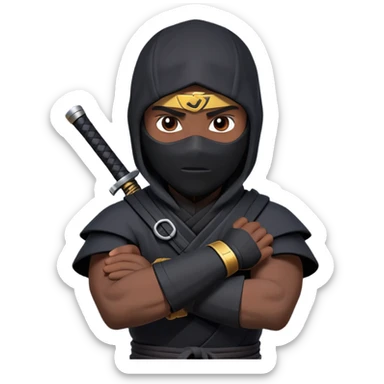 clash-of-clans-aesthetic_-cinematic-mysterious-male-ninja-portrait-emoji, rendered in a flat, vector-style with minimal shading and bold, simplified shapes, his arm is stretched out  with a head slightly turned revealing intense, focused eyes. the ninja has his arm out and perched on top of his forearm is  a black crow sticker