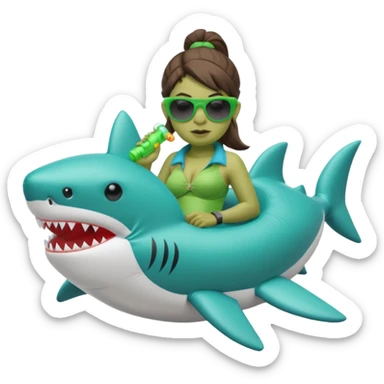 orc female sitting in an inflatable floatie shaped like a shark, wearing oversized sunglasses and a whistle on a neck cord sticker