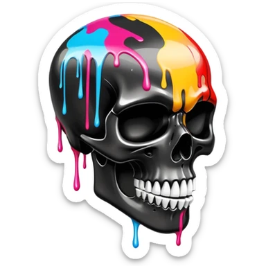 glossy black skull with street style colorful graffiti drips and iconic sports brand logos, side profile sticker