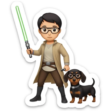 asian guy with eyeglasses and black short hair holding a lightsaber with a black and brown dachshund next to him sticker