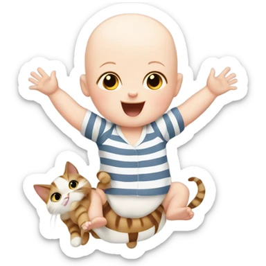 bald white baby riding on a striped cat with its arms in the air sticker