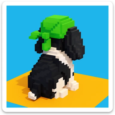 A black and white Russian Cocker Spaniel puppy wearing a green durag, voxel style, sitting, facing backward sticker