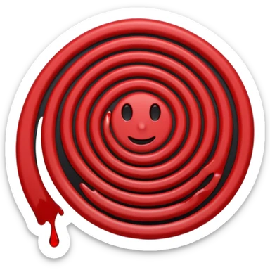 Minimalist emoji-style sticker of a coiled red carpet with drops of blood on the floor around it. Flat design, black and desaturated red tones, no perspective, bold lines. sticker